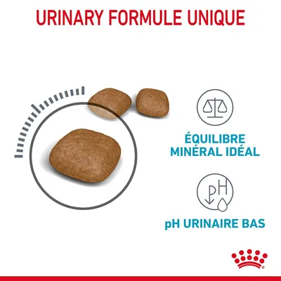 Croquettes avec texte : URINARY FORMULE UNIQUE, ÉQUILIBRE MINÉRAL IDÉAL, pH URINAIRE BAS. Illustrations de balance et symbole pH.