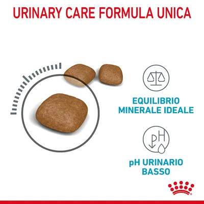 URINARY CARE FORMULA UNICA, crocchette con testo: equilibrio minerale ideale, pH urinario basso. Marchio Royal Canin visibile in basso.
