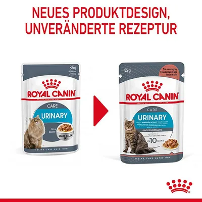 Royal Canin Care Urinary корм для кошек, новый дизайн упаковки, прежний состав. На упаковке изображён пакет 85 г и информация о поддержке здоровья мочевыводящих путей.