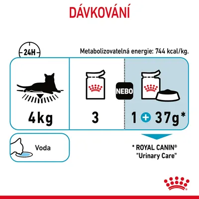 Dávkování pro kočku 4 kg: 3 kapsičky Royal Canin nebo 1 kapsička a 37 g granulí Urinary Care, metabolizovatelná energie 744 kcal/kg, voda k dispozici.