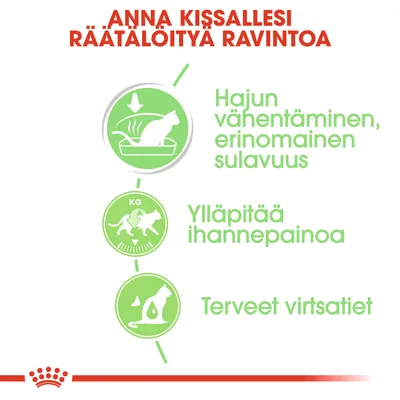 Anna kissallesi räätälöityä ravintoa. Hajun vähentäminen, erinomainen sulavuus. Ylläpitää ihannepainoa. Terveet virtsatiet.