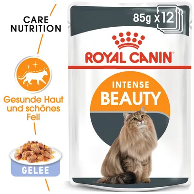 ROYAL CANIN INTENSE BEAUTY, 85 g x12, Care Nutrition. Tekst na njemačkom: Gesunde Haut und schönes Fell, GELEE. Slika mačke i komadića hrane u želeu.