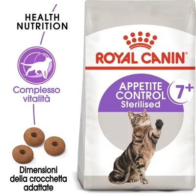 Royal Canin Appetite Control Sterilised 7+, complesso vitalità, dimensioni della crocchetta adattate, immagine di gatto adulto e crocchette visibili sulla confezione.