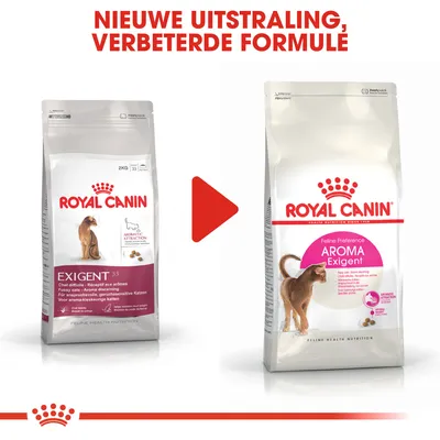 Royal Canin Exigent kattenvoer: oude en nieuwe verpakking naast elkaar. Bovenaan staat: Nieuwe uitstraling, verbeterde formule.