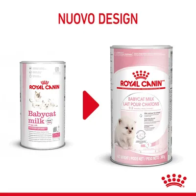 Confronto tra vecchio e nuovo design della confezione Royal Canin Babycat Milk, testo visibile: 'NUOVO DESIGN', 'Babycat milk', 'ROYAL CANIN', 'BABYCAT MILK LAIT POUR CHATONS'.