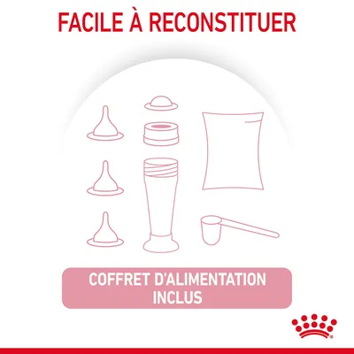 Facile à reconstituer. Coffret d’alimentation inclus avec tétines, biberon, doseur et sachet, texte en français.