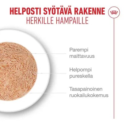 Grafiikka, jossa on ruokarakennetta ja suomenkielistä tekstiä: helppo syödä, herkille hampaille, parempi maittavuus, helpompi pureskella, tasapainoinen ruokailukokemus. Grafiikka, jossa on ruokarakennetta ja suomenkielistä tekstiä: helppo syödä, herkille hampaille, parempi maittavuus, helpompi pureskella, tasapainoinen ruokailukokemus.