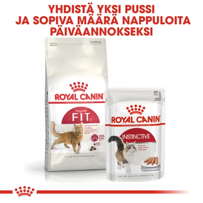 ROYAL CANIN Regular Fit 32 -kuivaruoka ja Instinctive 85 g märkäruoka kissoille. Teksti: Yhdistä yksi pussi ja sopiva määrä nappuloita päiväannokseksi.