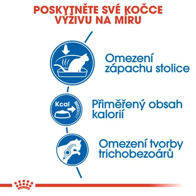 Poskytněte své kočce výživu na míru: omezení zápachu stolice, přiměřený obsah kalorií, omezení tvorby trichobezoárů.