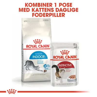 Royal Canin Home Life Indoor 27 tørfoder og Royal Canin Instinctive vådfoder 85 g. Tekst: Kombiner 1 pose med kattens daglige foderpiller.