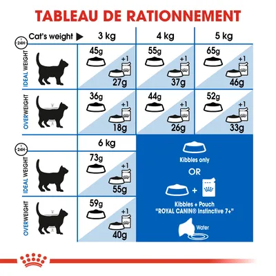 Tableau de rationnement Royal Canin : quantités de croquettes et sachets pour chats de 3, 4, 5, 6 kg, poids idéal ou en surpoids. Indique aussi l’ajout d’eau et la combinaison avec sachet Instinctive 7+.