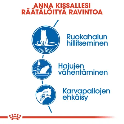 Anna kissallesi räätälöityä ravintoa: ruokahalun hillitseminen, hajujen vähentäminen, karvapallojen ehkäisy. Kolme sinistä kuvaketta ja tekstit oikealla.