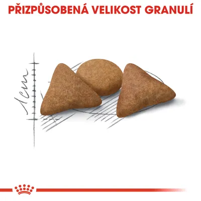 PŘIZPŮSOBENÁ VELIKOST GRANULÍ, tři granule různých tvarů s měřítkem 1 cm na pozadí