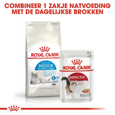Royal Canin Home Life Indoor Appetite Control brokken en Royal Canin Instinctive natvoeding 85g. Tekst: Combineer 1 zakje natvoeding met de dagelijkse brokken.