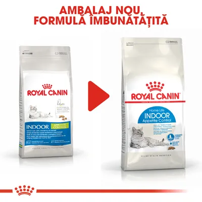 Ambalaj nou și formulă îmbunătățită pentru Royal Canin Indoor Appetite Control, imagine cu vechiul și noul pachet de hrană uscată pentru pisici, text vizibil: Home Life Indoor Appetite Control.