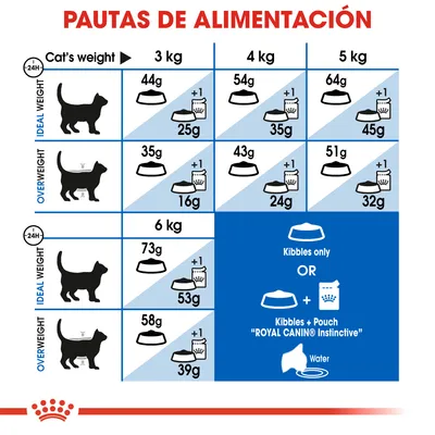 Tabla de pautas de alimentación para gatos según peso y condición: 3–6 kg, ideal o sobrepeso. Incluye cantidades en gramos de pienso y sobres Royal Canin Instinctive. Agua recomendada.