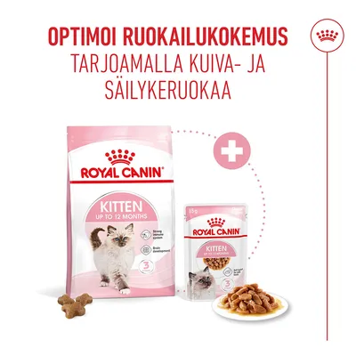 Royal Canin Kitten jopa 12 kuukautta Kuiva- ja märkäruoka, pakkaukset vierekkäin, Teksti: Optimoi ruokailukokemus yhdistämällä kuivaruoka ja märkäruoka. Royal Canin Kitten jopa 12 kuukautta Kuiva- ja märkäruoka, pakkaukset vierekkäin, Teksti: Optimoi ruokailukokemus yhdistämällä kuivaruoka ja märkäruoka.