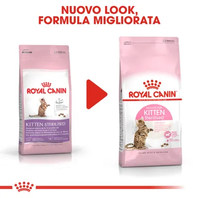 Nuovo look, formula migliorata. Confronto tra vecchio e nuovo packaging Royal Canin Kitten Sterilised con gattino e testo visibile sulle confezioni.