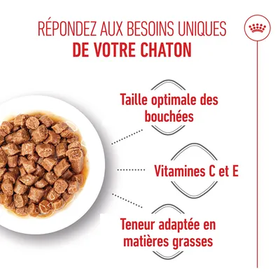 Taille de morceaux optimale, vitamines C et E, teneur en matières grasses adaptée aux besoins spécifiques des chatons. Aliment humide en sauce présenté sur une assiette blanche. Taille de morceaux optimale, vitamines C et E, teneur en matières grasses adaptée aux besoins spécifiques des chatons. Aliment humide en sauce présenté sur une assiette blanche.