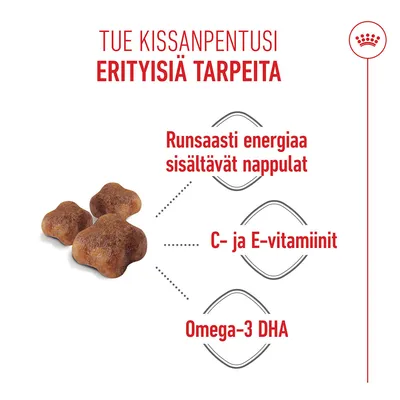 Raksuja, joissa on runsaasti energiaa, C- ja E-vitamiineja sekä omega-3 DHA:ta. Tue kissanpentusi erityisiä tarpeita.