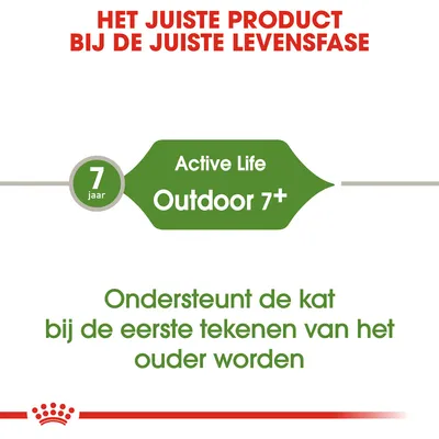 Het juiste product bij de juiste levensfase. 7 jaar Active Life Outdoor 7+. Ondersteunt de kat bij de eerste tekenen van het ouder worden.