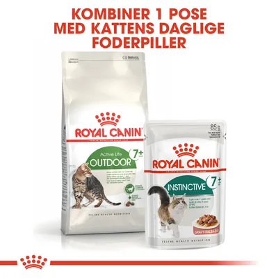Royal Canin Active Life Outdoor 7+ tørfoder og Royal Canin Instinctive 7+ vådfoder. Tekst: Kombiner 1 pose med kattens daglige foderpiller.