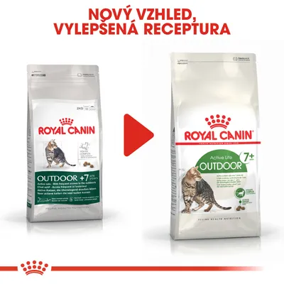 Porovnání starého a nového balení krmiva Royal Canin Outdoor 7+ pro kočky, nápis: Nový vzhled, vylepšená receptura.