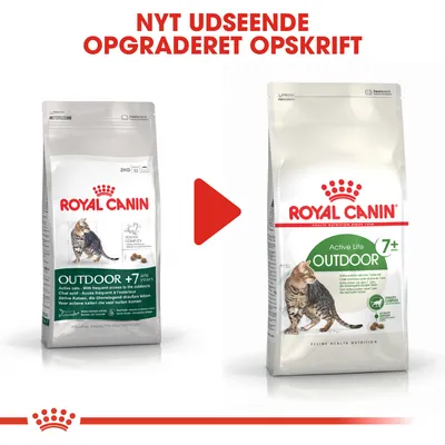 ROYAL CANIN OUTDOOR 7+ kattefoder, billede viser tidligere og nyt design af emballage. Tekst: NYT UDSEENDE OPGRADERET OPSKRIFT.