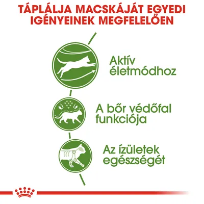 Táplálja macskáját egyedi igényeinek megfelelően: aktív életmódhoz, a bőr védőfal funkciója, az ízületek egészségét. A szöveg magyar nyelvű.