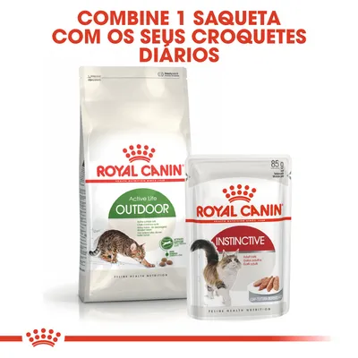 ROYAL CANIN Active Life Outdoor ração seca para gatos e ROYAL CANIN Instinctive saqueta 85 g. Texto: Combine 1 saqueta com os seus croquetes diários. ROYAL CANIN Active Life Outdoor ração seca para gatos e ROYAL CANIN Instinctive saqueta 85 g. Texto: Combine 1 saqueta com os seus croquetes diários.