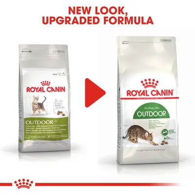 Royal Canin Outdoor cat food old and new packaging side by side, with text: New look, upgraded formula. Visible product names: Outdoor 30, Active Life Outdoor.