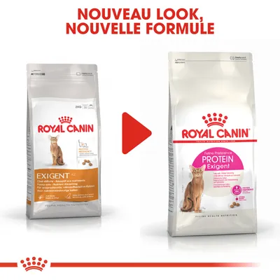 Comparaison de deux emballages Royal Canin Exigent pour chats, à gauche ancien look, à droite nouveau look et nouvelle formule avec texte 'Feline Preference Protein Exigent'.