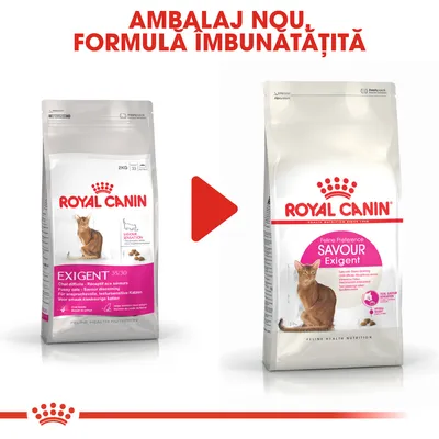 Comparare ambalaj vechi și nou pentru Royal Canin Exigent/Savour Exigent, hrană uscată pentru pisici. Text sus: Ambalaj nou, formulă îmbunătățită.