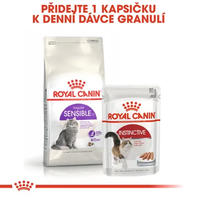 ROYAL CANIN Regular Sensible 33 granule a ROYAL CANIN Instinctive kapsička 85 g. Text: Přidejte 1 kapsičku k denní dávce granulí.