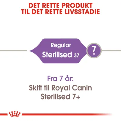 Fra 7 år: Skift til Royal Canin Sterilised 7+. Regular Sterilised 37. Det rette produkt til det rette livsstadie. 7 år.