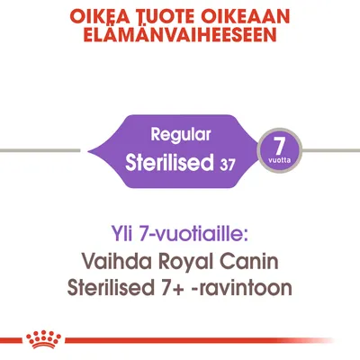 Oikea tuote oikeaan elämänvaiheeseen. Regular Sterilised 37, 7 vuotta. Yli 7-vuotiaille: Vaihda Royal Canin Sterilised 7+ -ravintoon.