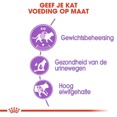 Geef je kat voeding op maat. Gewichtsbeheersing, gezondheid van de urinewegen, hoog eiwitgehalte.