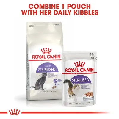 Royal Canin Sterilised kattefoder, tørfoder og vådfoderpose 85 g. Tekst: Combine 1 pouch with her daily kibbles.