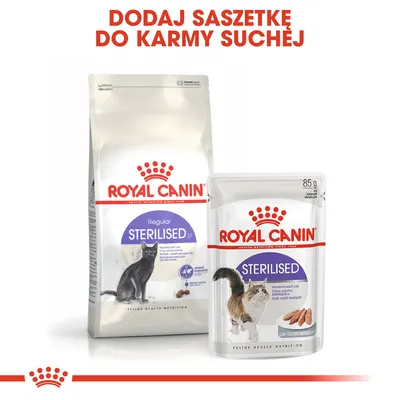 ROYAL CANIN Regular Sterilised 37 karma sucha i ROYAL CANIN Sterilised saszetka 85 g dla kotów. Napis: Dodaj saszetkę do karmy suchej.