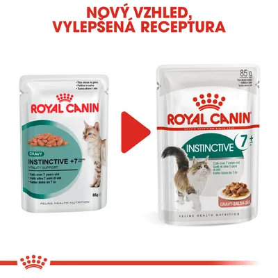 Porovnání starého a nového obalu kapsičky Royal Canin Instinctive 7+ pro kočky, nápis: Nový vzhled, vylepšená receptura. Oba obaly s obrázkem kočky a porcí krmiva, 85 g.
