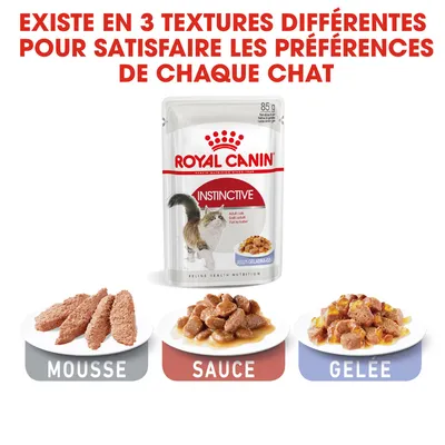 Royal Canin Instinctive 85 g, existe en 3 textures : mousse, sauce, gelée. Texte visible : « Existe en 3 textures différentes pour satisfaire les préférences de chaque chat ».