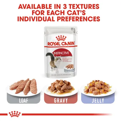Royal Canin Instinctive macskaeledel 85 g, háromféle textúrában: loaf, gravy, jelly. Felirat angolul: Available in 3 textures for each cat’s individual preferences.