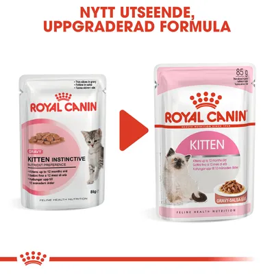 Royal Canin kattungefoder, bild på gammal och ny förpackning med text: Nytt utseende, uppgraderad formula. Båda visar kattunge, 85 g, gravy-sås, för kattungar upp till 12 månader.