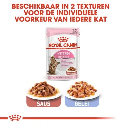Royal Canin Kitten Sterilised natvoer, verkrijgbaar in 2 texturen: saus en gelei. Beschikbaar in 85 g verpakking. Tekst: Beschikbaar in 2 texturen voor de individuele voorkeur van iedere kat.