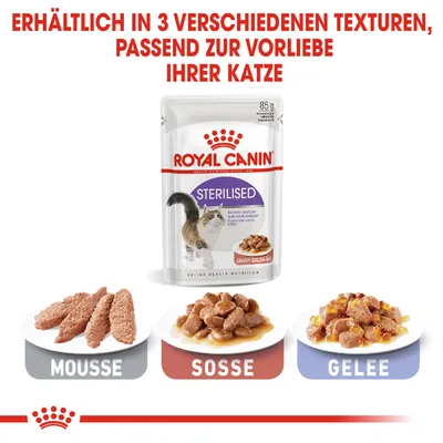Royal Canin Sterilised Katzenfutter, erhältlich in 3 Texturen: Mousse, Sosse und Gelee. Verpackung zeigt 85g Beutel mit Gravy-Salsa-Geschmack.