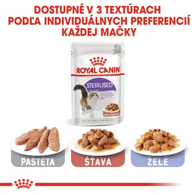 Royal Canin Sterilised pre mačky, dostupné v 3 textúrach: paštéta, šťava, želé. Balenie 85 g. Text: Dostupné v 3 textúrach podľa individuálnych preferencií každej mačky.
