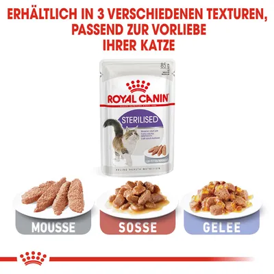 Royal Canin Sterilised Katzenfutter, erhältlich in drei Texturen: Mousse, Sosse und Gelee. Verpackung zeigt 85g Inhalt für sterilisierte Katzen.