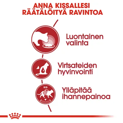 Anna kissallesi räätälöityä ravintoa. Luontainen valinta, virtsateiden hyvinvointi, ylläpitää ihannepainoa. Teksti ja symbolit punaisella taustalla.