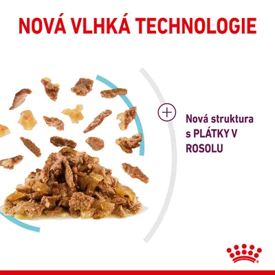 Nová vlhká technologie, nová struktura s plátky v rosolu. Zobrazeny kousky masa a směs v rosolu.