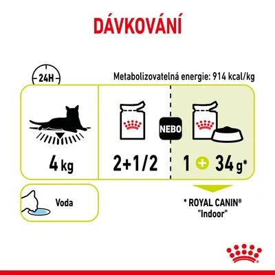 Dávkování pro kočku 4 kg: 2 a půl kapsičky nebo 1 kapsička plus 34 g granulí Royal Canin Indoor, metabolizovatelná energie 914 kcal/kg, voda.